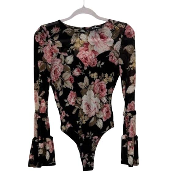 Lulu's Bodysuit Floral Black Mesh Keyhole Back Bell Sleeve Womens Size Small - Picture 2 of 5